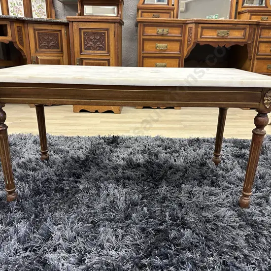 Antique Wooden Occasional Table With White Marble Top, H45 W88.5 D43cm