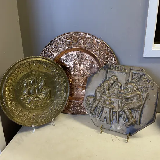 3 x Vintage Moulded Brass and Copper Plaques