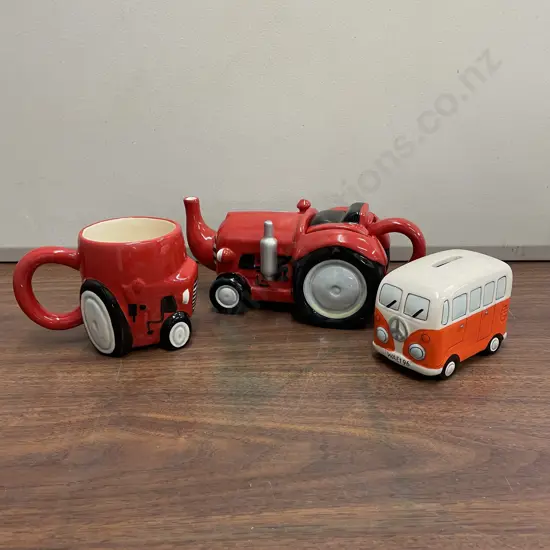 Handpainted Art Pottery Tractor and Mug with VW Van