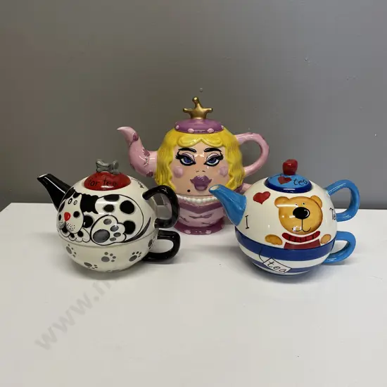 Three Handpainted Character 2 piece teapot/cup sets