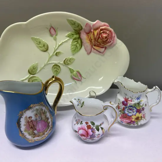 Royal Winton Platter, Limoges Jug, Hammersley & Derby Poises Creamers