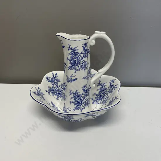 Ornate Blue and White Jug and Bowl