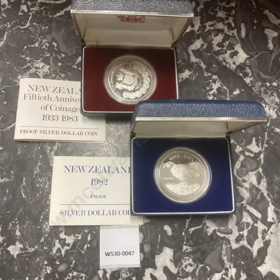 New Zealand 1933-1983 Proof Silver Dollar Coin & 1982 Takahe Proof Silver Dollar Coin In Cases Of Issue