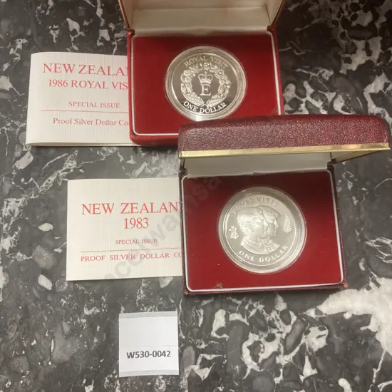 New Zealand 1983 Royal Visit Proof Silver Dollar Coin & 1986 Royal Visit  Proof Silver Dollar Coin In Cases Of Issue