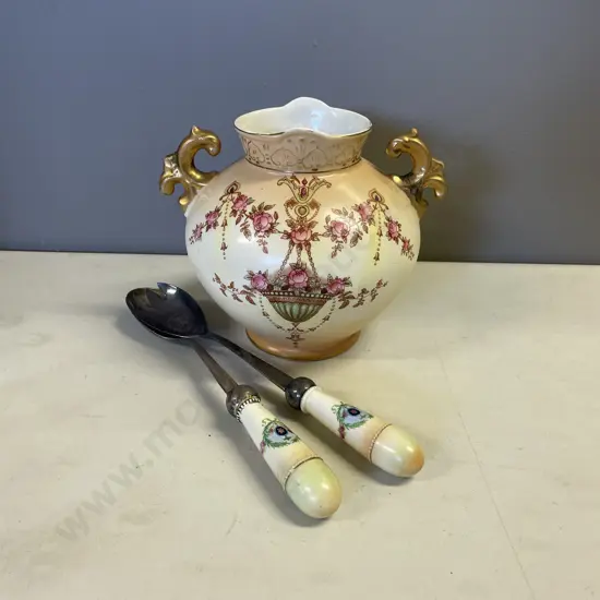 Crown Devon Handpainted Peachground 2 handled vase (af) with porcelain handled salad servers