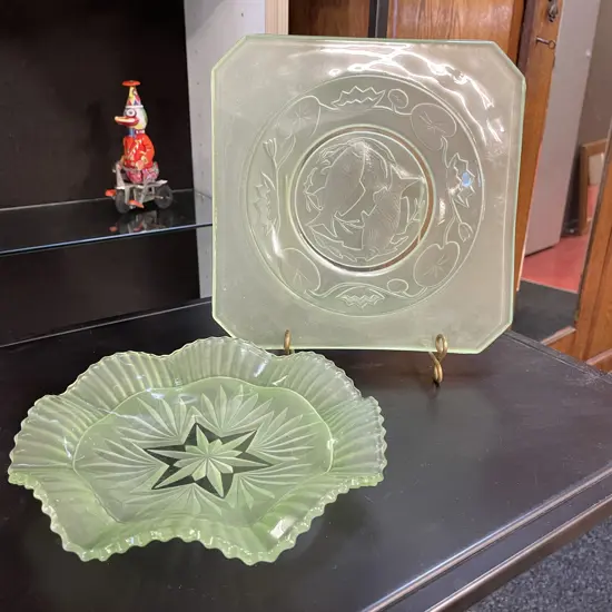 Two Vintage Green Depression Glass Plates. Fish and Flower patterns