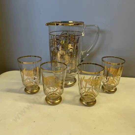 Vintage Gilded Fish Patterned 5 Pce Water Set