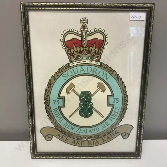 Vintage Framed NO. 75 Squadron RNZAF Logo & Motto 36 x 27cm