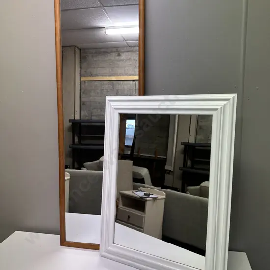 Mirrors x2. 1 x Wooden Rectangular H107cm, W36cm & 1x White Painted H62cm, W47cm.