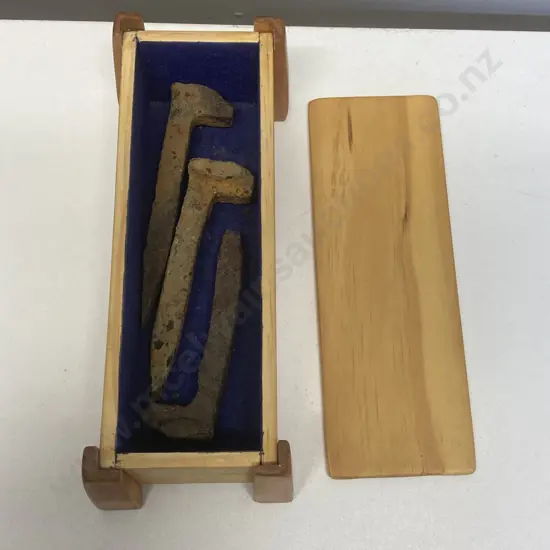 Lot of Three Old Railway Spikes With Wooden Lidded Box