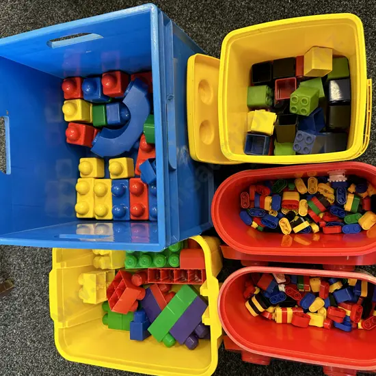 Lot of Blue Bin & 4 Assorted Containers, Better Blocks, Duplo Etc