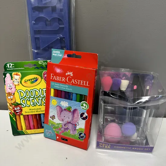 Selection of Stationary Items, Stencils, Faber Castell Jumbo Colour Pencils, Doodle Scents, Cosmetic Brush Set