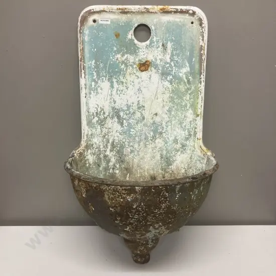 Antique Ornate Austrian Single Spout Wall Fountain, Original White Enamel With Rusty Accents. H73 W45 D25cm