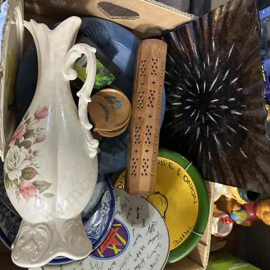 Box Lot China, Wooden Ware, Ceramic Jug