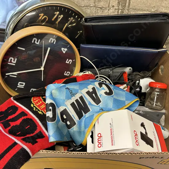 Box Lot Clocks, Scarves, Cables Etc