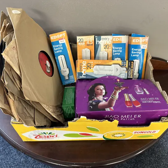 Box Of Assorted Including His Masters Voice Records, Light Bulbs & Nail Polish 