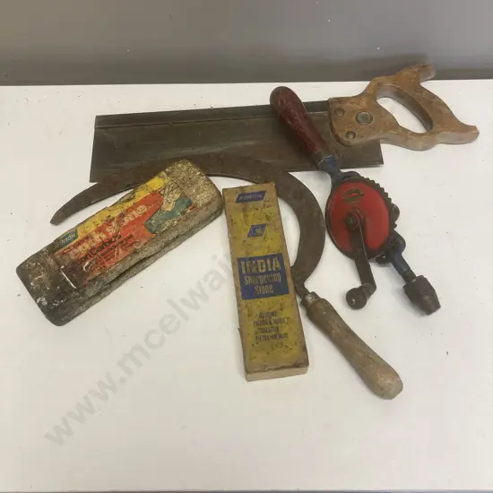 Disston Saw, Ahrems Drill, Sickle, 2 x Sharpening Stones