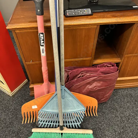 Shovel, Rakes, Broom, Air Mattress