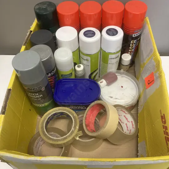 Box lot Paint, Degreaser, Tapes Etc