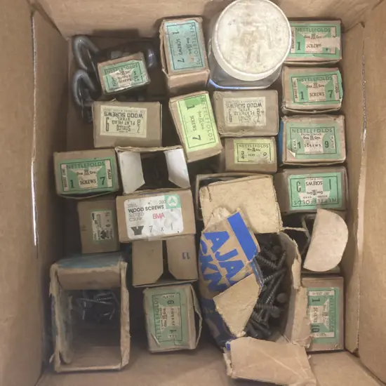Box Lot Assorted Nettlefolds Furniture Screws, Hardware Etc