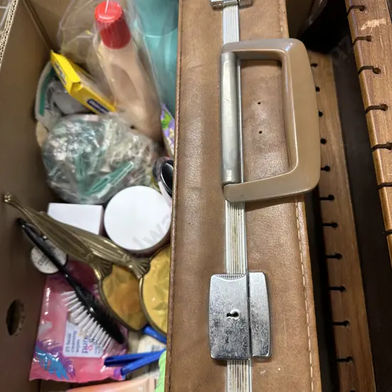 Box Of Beauty Products, Laundry Products, Brief Case & Teaspoons Holder Etc