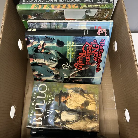 Box lot Books, Nz Rugby, Eventing, Scotland Etc