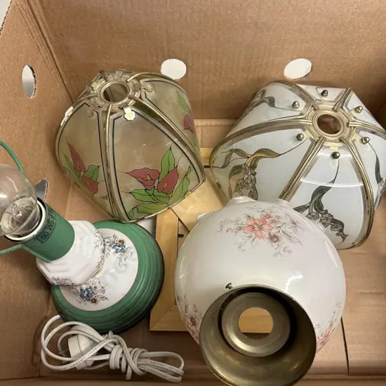 Box Lot Vintage Glass Shades & Touch Lamp Base