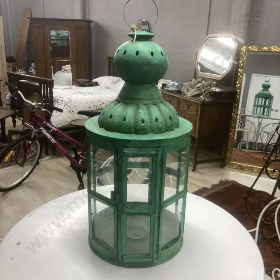 Large Rustic Green Coloured Lantern - Metal & Glass 85 x 35cm