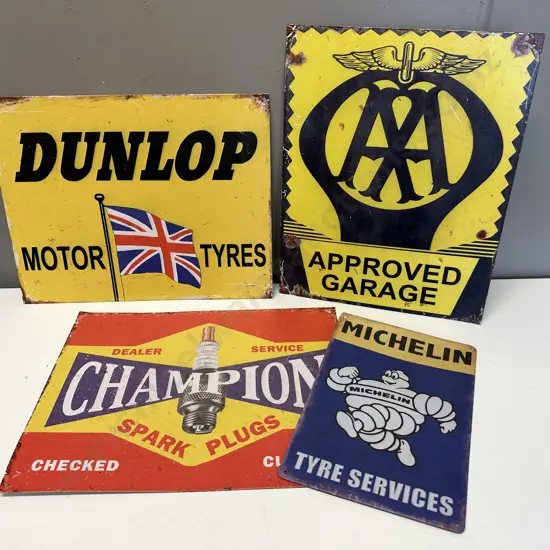 Collection of Tin Signs Including Approved Garage, Champion Spark Plugs Etc
