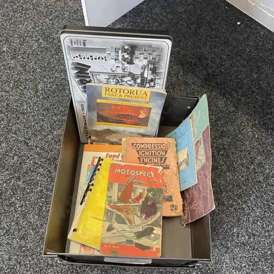 Black Stationery Box with Tin and Assorted Vintage Books