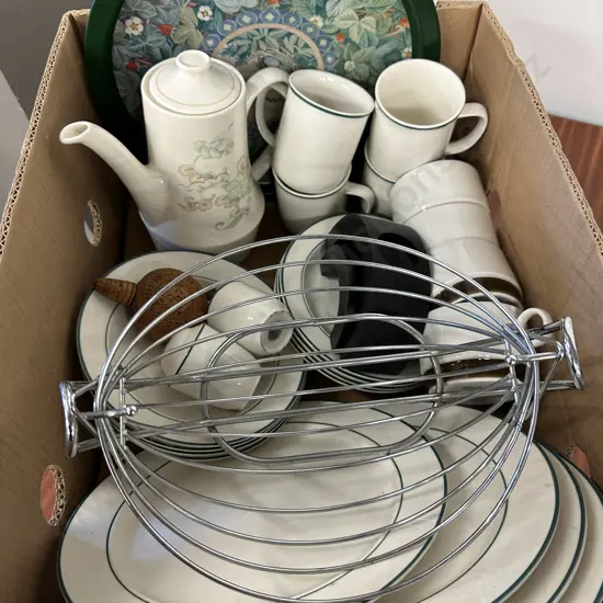 Box Lot Of Crockery, Wooden Decanter Etc