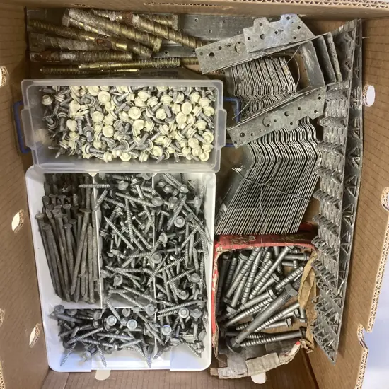 Box lot Tek Screws, Nails Etc