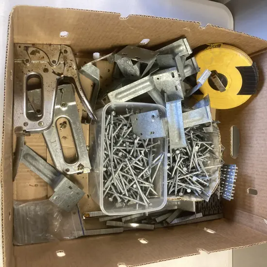 Box lot Staplers, Staples, Nails Etc