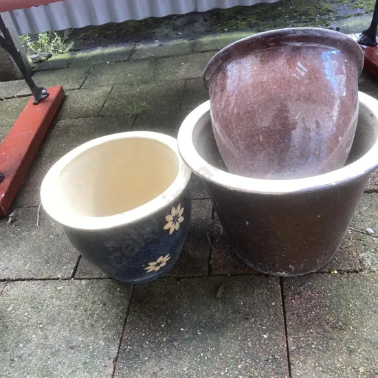 Lot of 3 Blue & Brown Glazed Plant Pots