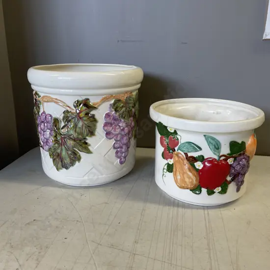 Two Ceramic handpainted Pots with relief Fruit decoration