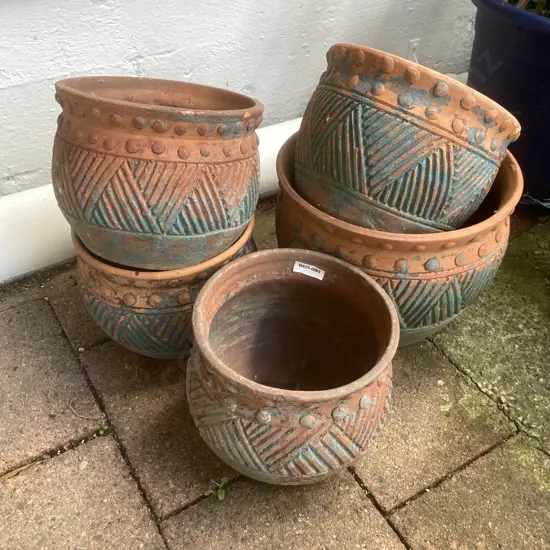 Assorted Terracotta Plant Pots with green painted, carved decoration