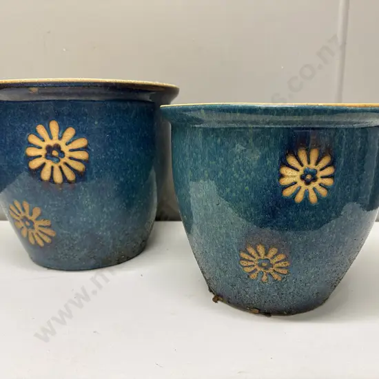 Pair of Terracotta Plant Pots, Blue Glazed With Floral Motif, H22 & 25cm