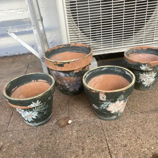 Lot of 4 Terracotta Plant Pots Handpainted With Flowers
