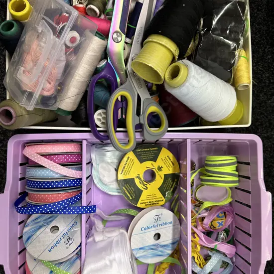 Assorted Thread, Cottons, Ribbon & Scissors
