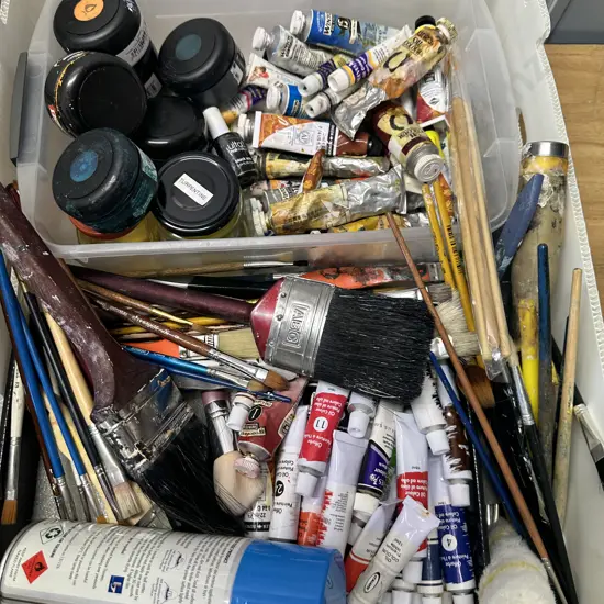 Large Assortment of Paints, Brushes Etc