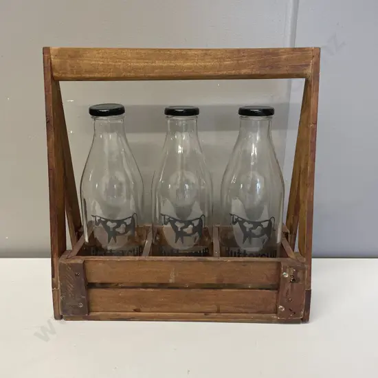 Wooden Carrier with 3 Glass Bottles
