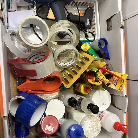 Large Box of Glue Guns, Tape, Craft Glue Etc