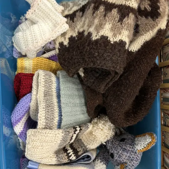 Blue Bin of Woollen Jumper, Toys, Hats Etc