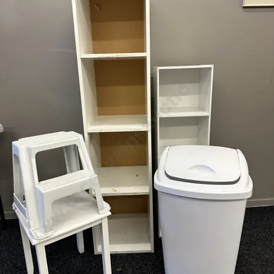 White Storage Shelves x 2, Stepstool, Table & Rubbish Bin