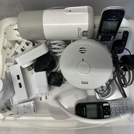 Clear Bin Panasonic Phones, Travel Adapters, Smoke Alarm Etc