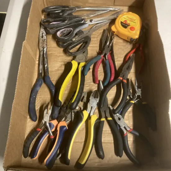 Box lot Pliers, Scissors & Tape Measure
