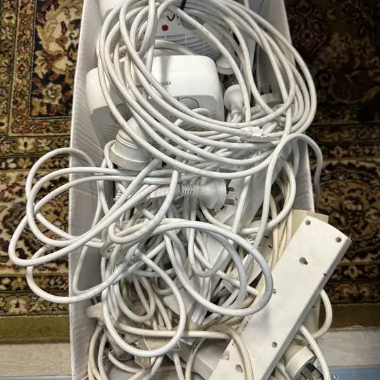 Box of Plugs, Leads, Heaters Etc