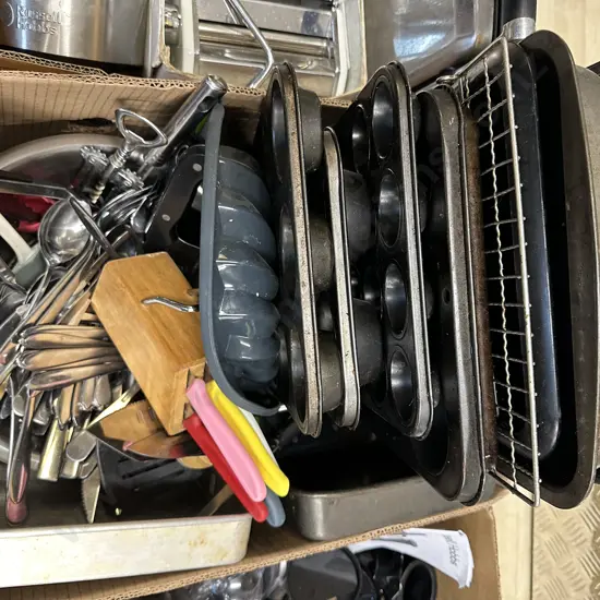 Box of Bakeware & Cutlery