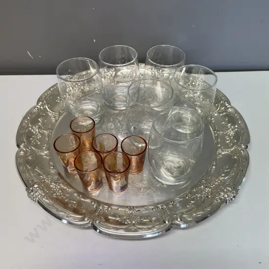 Silver Tray with assorted Vintage Glasses
