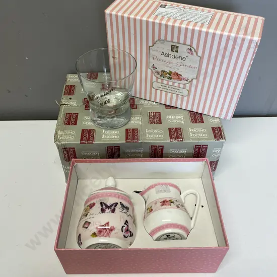 Boxed Ashdene Milk and Sugar set with Set of 6 Boxed Karsno Millennium 200 Tumblers
